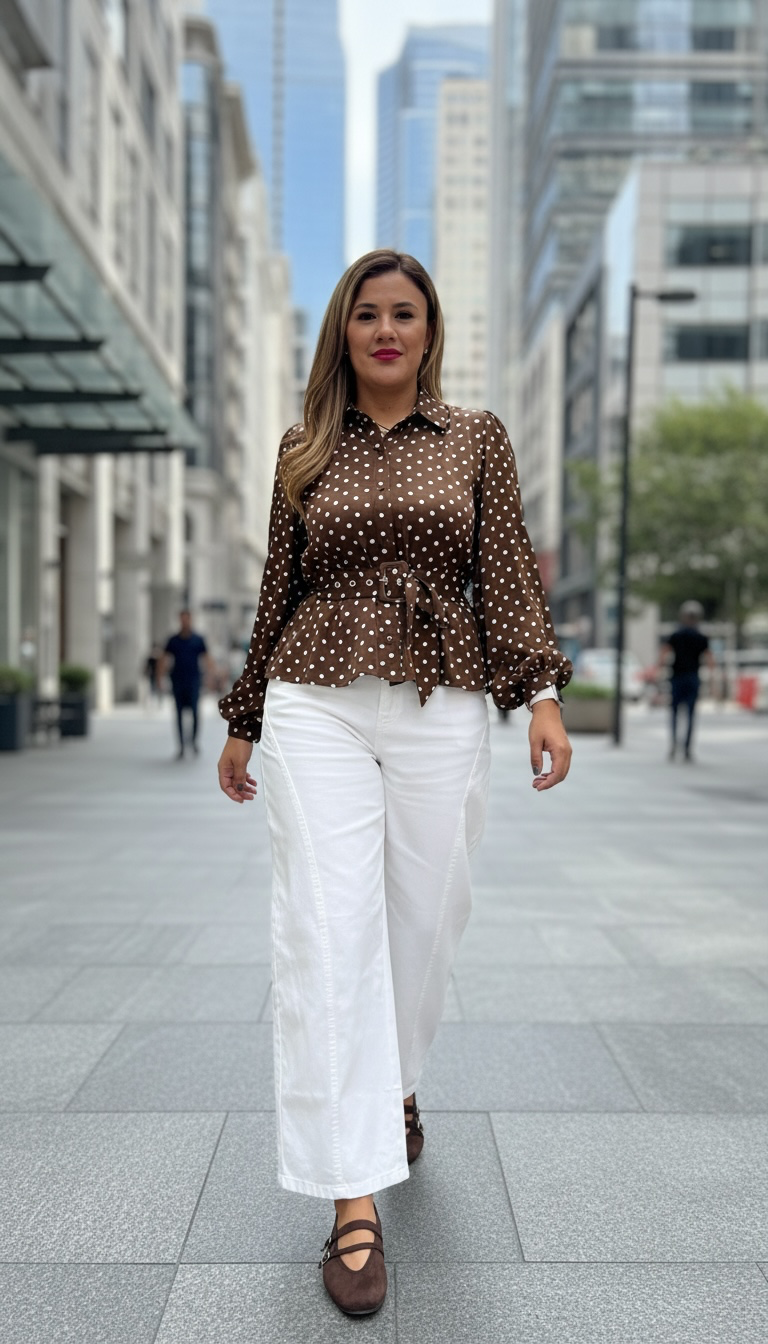 Blusa Café de Manga Larga Estampado Polka Dots en Beige, Con Cinto